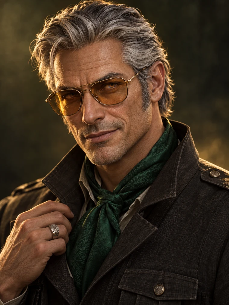 Cody SanFrancisco, the fictional smuggler: silver hair, amber aviators, an emerald scarf